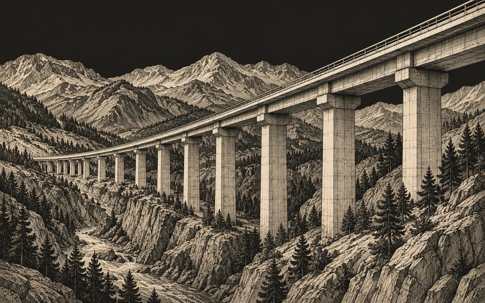 Engraving of a long concrete viaduct across a mountain gorge.